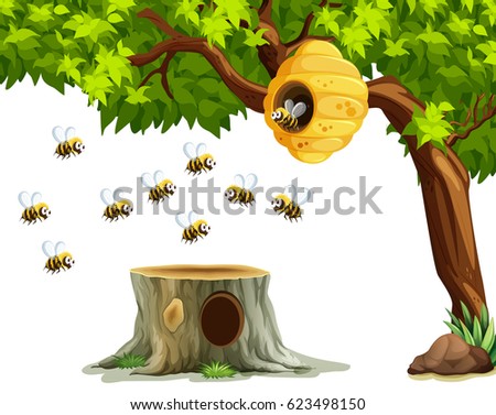 Bees flying around beehive on the tree illustration