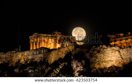 Full moon over Acropolis of Athens, Greece