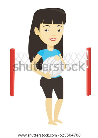 Asian smiling sportsman holding volleyball ball in hands. Young beach volleyball player standing on the background with voleyball net. Vector flat design illustration isolated on white background.