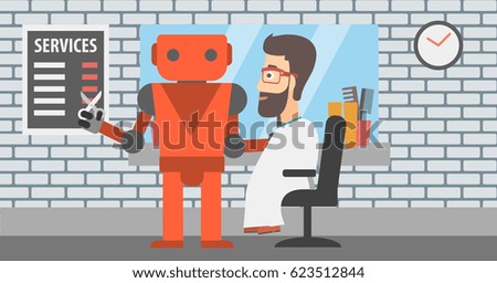 Robot barber cutting hair of young hipster man with the beard at barbershop. Robot barber making haircut to a client with scissors in barbershop. Vector flat design illustration. Horizontal layout.
