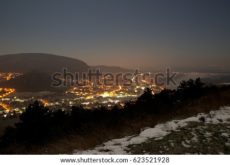 Night view of Hainburg an der Donau from Braunsberg, during cold winter, Austria, Europe