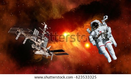 Astronaut spaceman space shuttle ship satellite spaceship spacecraft galaxy universe. Elements of this image furnished by NASA.
