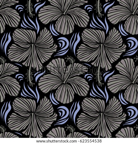 Illustration in blue and gray colors on a black background. Seamless tropical flower, hibiscus pattern.