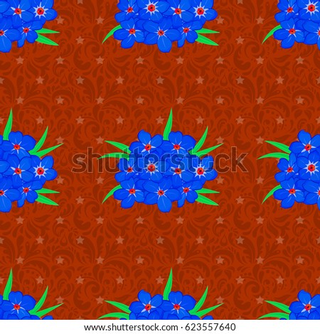Vector illustration. Seamless pattern with cute forget-me-not flowers on a brown background.