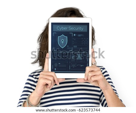 Woman holding network graphic overlay digital device