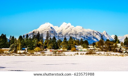 The snow covered peaks of the Golden Ears mountain behind the town of Fort Langley in the Fraser Valley of British Columbia, Canada on a cold winter day and snow covered fields under clear blue sky Royalty-Free Stock Photo #623575988