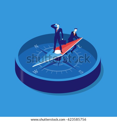 Vector illustration of two businessmen using compass for navigation and orientation in business. Strategy concept flat style design.