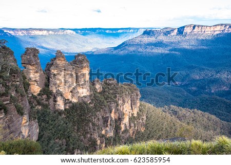 Beautiful View of the Three Sisters Rock Formations in Blue Mountains National Park in Australia Royalty-Free Stock Photo #623585954