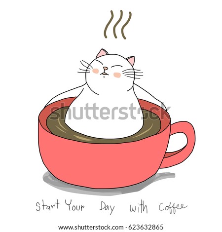 Cute cat portraying the character of morning people sitting relax in a cup of coffee. Vector illustration with hand-drawn style.