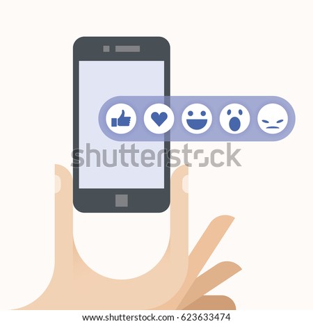 Human hand holding mobile phone with social network (Facebook etc.) feedback emoticons : thumbs up, like, smile, angry, wonder on screen.
Concepts: Online communication, blogging, article concepts.