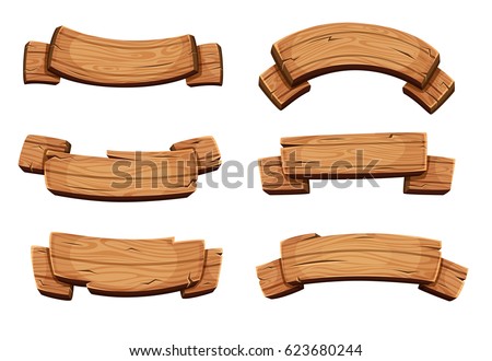 Cartoon brown wooden plate and ribbons. Vector set isolate on white background. Wooden ribbons collection, illustration of wood board Royalty-Free Stock Photo #623680244