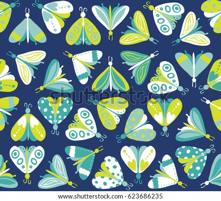Seamless pattern with different beautiful butterflies. Vector illustration