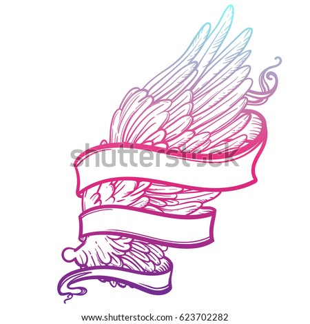 Line art illustration of angel wing and ribbon. Hand drawn vector card. Sketch for tattoo, hipster t-shirt design, vintage style posters. Coloring book for kids and adults.