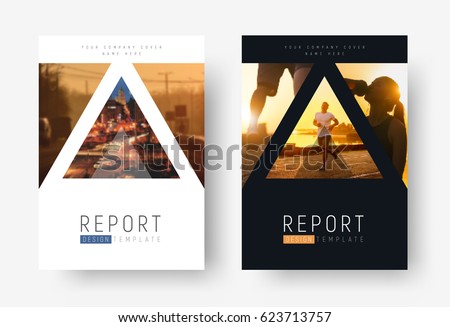 Template of universal covers for business, travel, sports or food. Design of modern flyers, presentations, brochures of standard size with triangles for photos. mosaic for sample. Royalty-Free Stock Photo #623713757