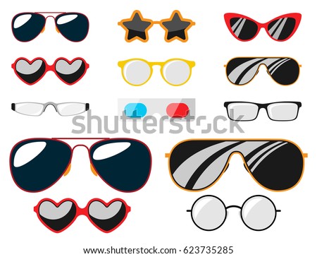 Fashion set sunglasses accessory sun spectacles plastic frame modern eyeglasses vector illustration. Royalty-Free Stock Photo #623735285