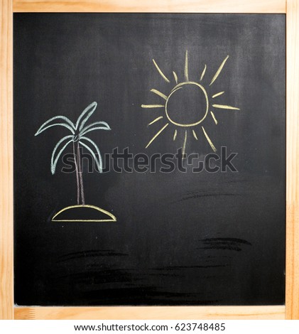 kids drawing, sun palm island on black board