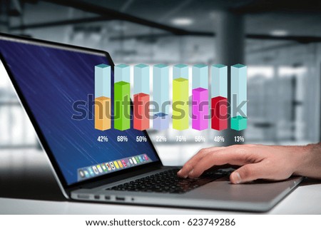 View of a Colorfull survey stick graph interface with percentage over a device - Technology concept
