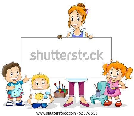 Illustration Featuring an Art Class for Kids and a Blank Board - Vector