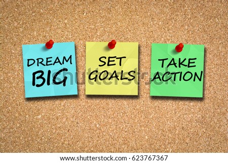Dream big, set goals, take action, success recipe on cork billboard