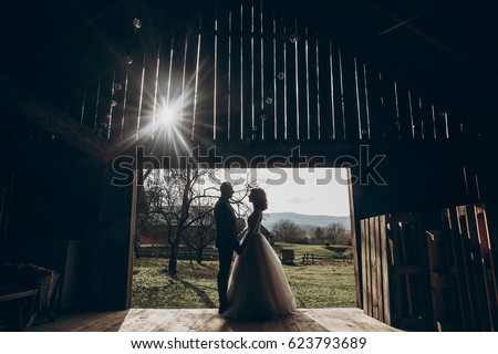 stylish bride and groom hugging in sun light on background of wooden wall in barn. rustic wedding concept, space for text. happy bohemian newlyweds, family couple embracing