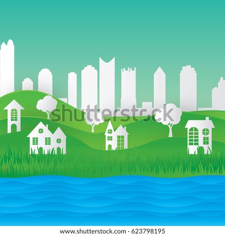 Green eco paper art design style, tree, city, house with nature, ecology idea.vector illustration 