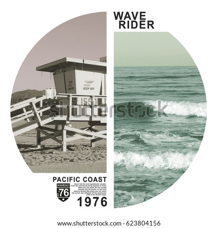 Photo print California beach , tee shirt graphics, wave rider surf, 