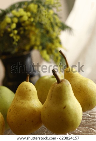 pears yellow close up photo with vase and mimose on background