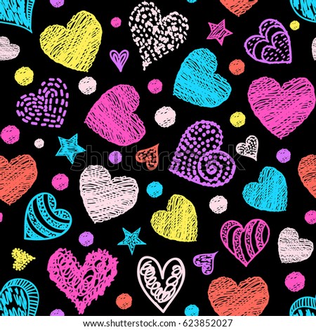 Motley seamless pattern with colorful hearts.Vector illustration.