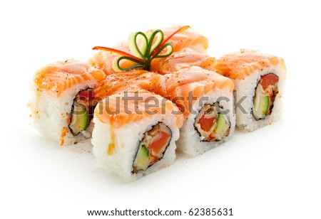 Maki Sushi - Roll made of Smoked Eel, Cream Cheese and Deep Fried Vegetables inside. Fresh Salmon outside Royalty-Free Stock Photo #62385631