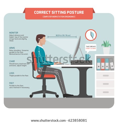 Correct sitting at desk posture ergonomics: office worker using a computer and improving his posture Royalty-Free Stock Photo #623858081