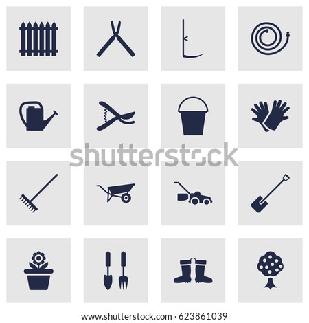 Set Of 16 Horticulture Icons.Collection Of Garden Hose, Rake, Pruner And Other Elements.