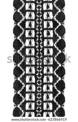 Black cotton vintage lace ribbon on white background