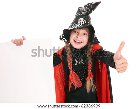 Child girl witch in black costume  with thumb. Isolated.