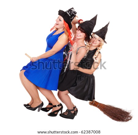 Young woman witch fly on  broom. Isolated.