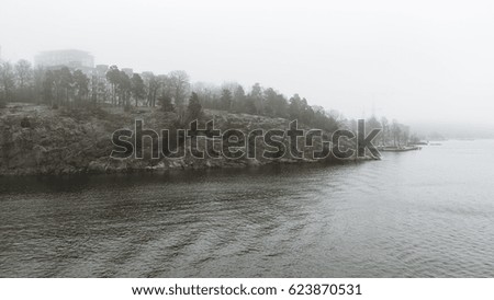 Cliffs in Sweden in a very foggy morning. Royalty-Free Stock Photo #623870531