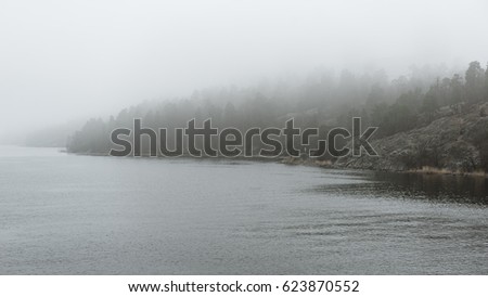 Cliffs in Sweden in a very foggy morning. Royalty-Free Stock Photo #623870552