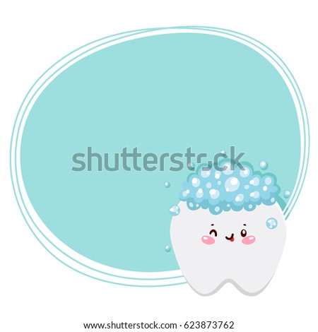 Cute tooth with bubbles foam, cartoon character, oral dental hygiene, background, vector.