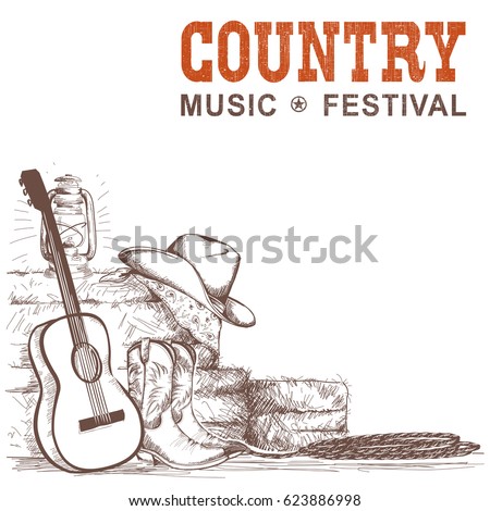Country music background with guitar and american cowboy shoes and western hat.Vector hand draw illustration for text Royalty-Free Stock Photo #623886998