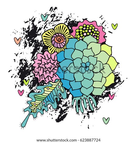 Hand drawn abstract flower bouquet vector. Succulent, rose and leaf on white background