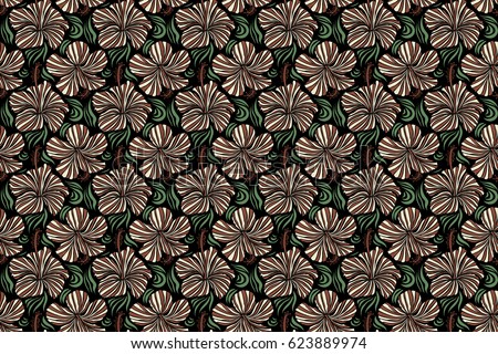 Hibiscus flowers on a black background in a trendy raster style. Hawaiian tropical natural floral seamless pattern in green, brown and beige colors.