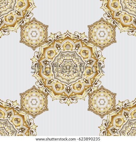 Luxury gold seamless pattern with stars. Vector gold star pattern, star decorations, golden grid on a gray background.