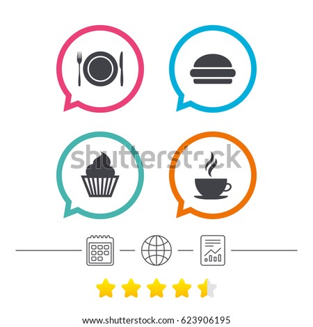 Food and drink icons. Muffin cupcake symbol. Plate dish with fork and knife sign. Hot coffee cup and hamburger. Calendar, internet globe and report linear icons. Star vote ranking. Vector
