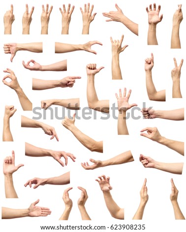 Male hand gesture and sign collection isolated over white background, set of multiple pictures