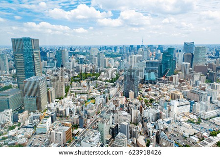 View from above on Tokyo Tower with skyline in Japan from roppongi towers on cloudy day