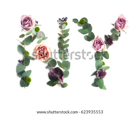 Photo inscription NY made of leaves and flowers on white background. Abbreviation of the name of the city of New York.