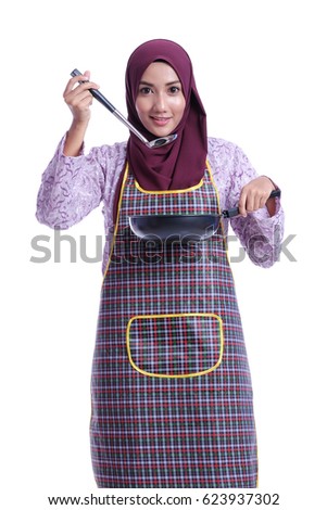 Housewife wear an apron hold cooking tools with different body language and face expression isolated on white background - kitchen, family and lifestyle concept