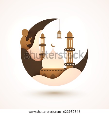 Creative Moon with Mosque and Praying Boy for Muslim Community Festival, Ramadan Kareem celebration. Royalty-Free Stock Photo #623957846