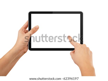 a male hand holding a touchpad pc, one finger touches the screen, isolated on white Royalty-Free Stock Photo #62396197