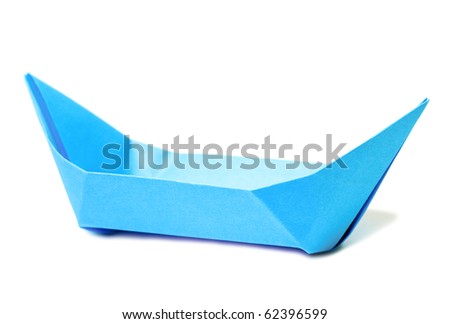 origami figure of blue boat (isolated on white)