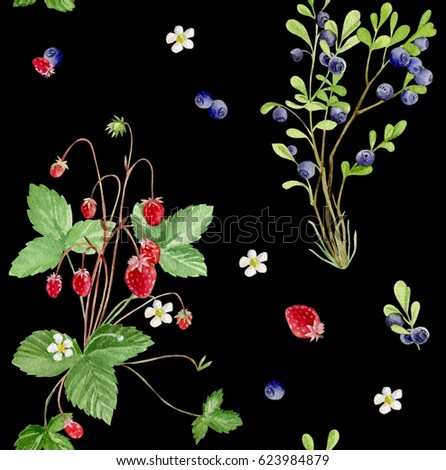 Seamless pattern repeated tile of hand painted watercolor berries on black background